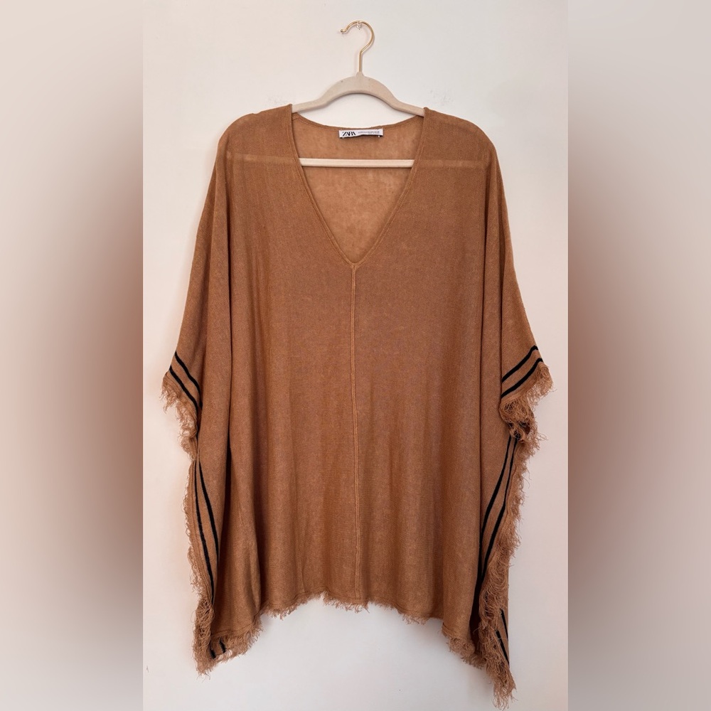 Zara Tan V-Neck Fringed Sweater